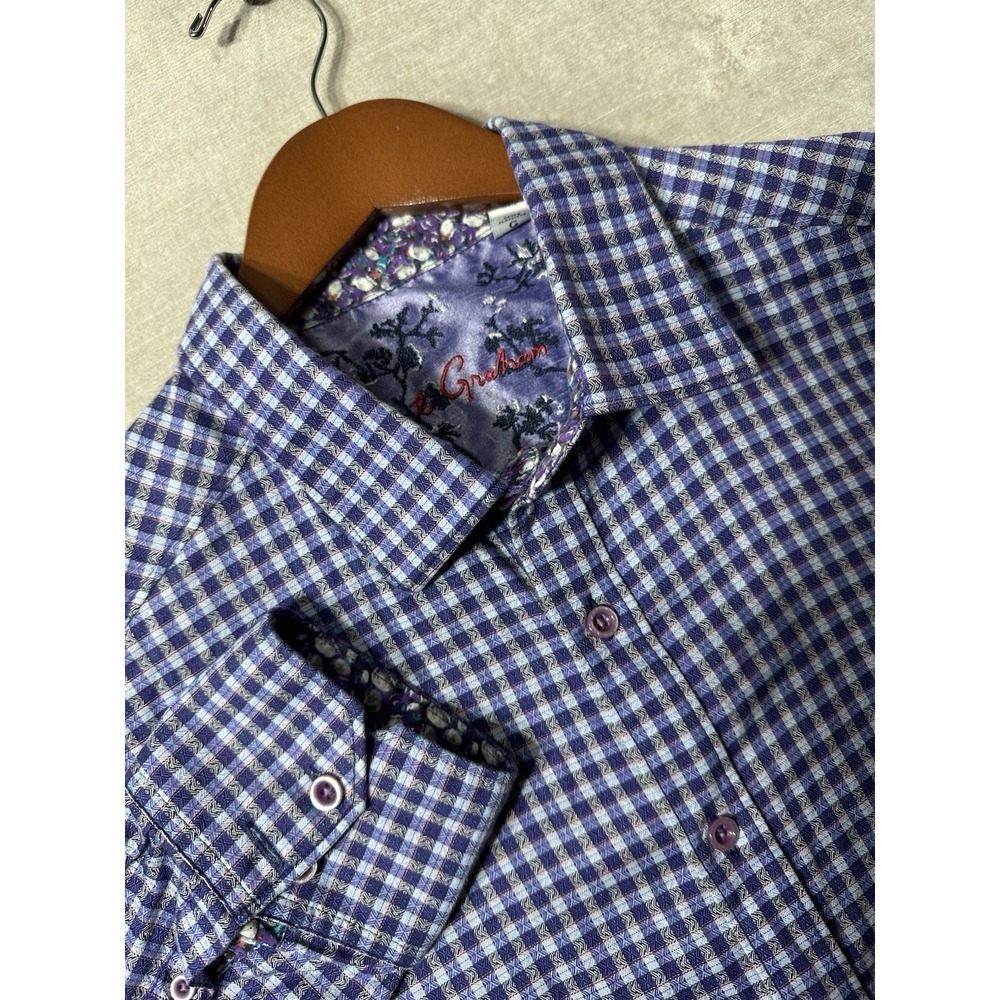 EUC Robert Graham Plaid Check Long Sleeve Button Up Shirt Mens Large Purple Cuff